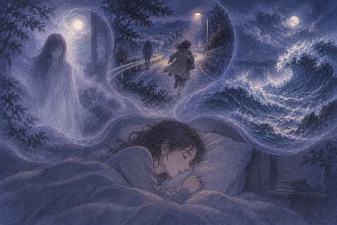 幽霊、追跡、荒れる海の異なる怖い夢が連なって見える人物