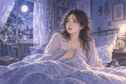 夜のベッドで驚いて上半身を起こす人物