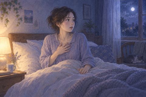 夜に目覚めて胸に手を当て、息を整える人物