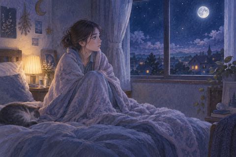 夜中にベッドで眠れず、窓の外を見つめる人物