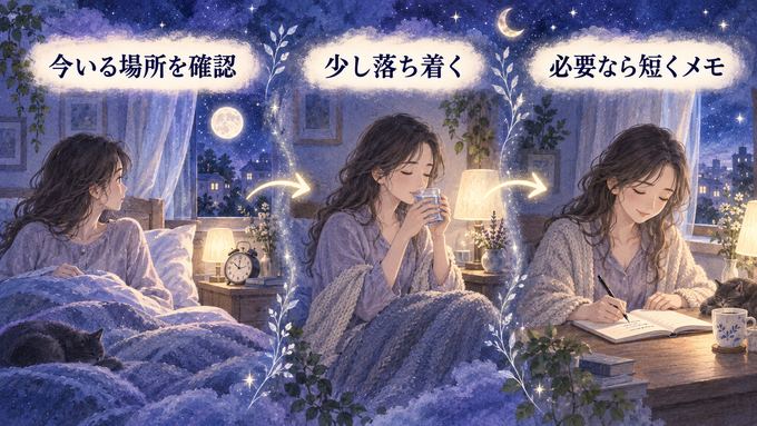 夜に目覚めた女性が部屋を確認し、水を飲み、夢を短くメモする流れの図