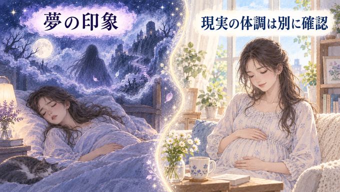 妊娠中の女性が夢の場面と現実の体調確認を分けて考える図