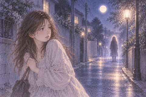 夜道で少し離れた知らない人影を警戒する人物