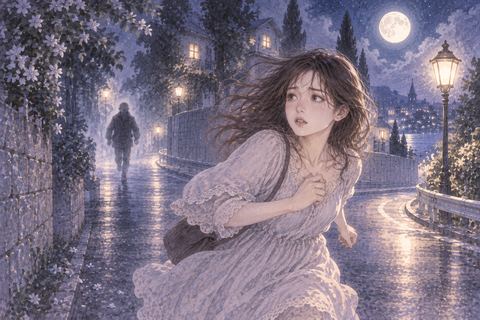 夜道を走って逃げる人物と遠くから追う人影