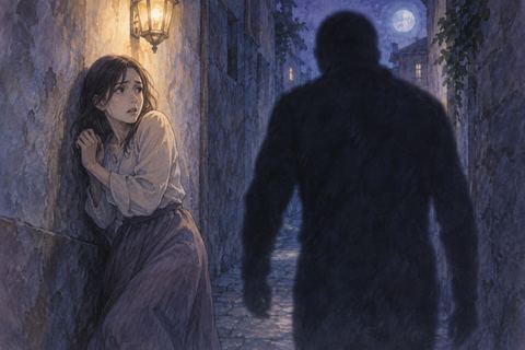 夜の狭い通路で迫る人影から後ずさりする人物