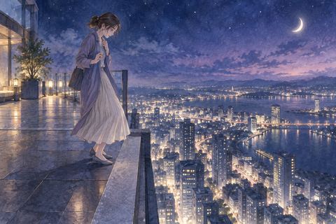 夜の高い場所で足元を見下ろして立ちすくむ人物