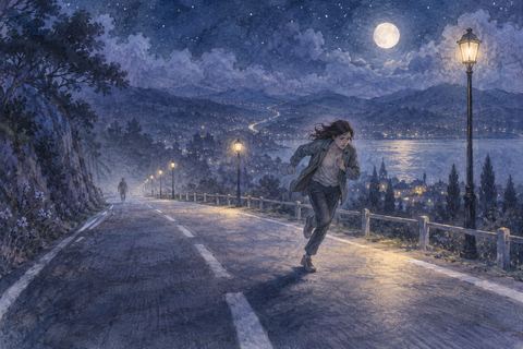 長い夜道を遠くへ走り続ける人物