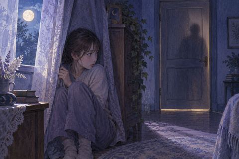 夜の部屋でカーテンの陰に身を寄せて気配をうかがう人物