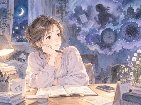 夜の机で考え込む女性と揺らぐ夢の影