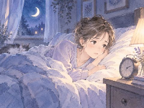 夜中に目覚めて時計を見る女性