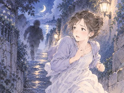 夜道で淡い影から逃げる女性