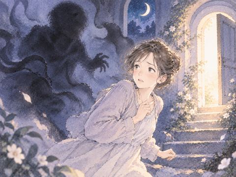 暗い影を前に立ち止まる女性と明るい扉