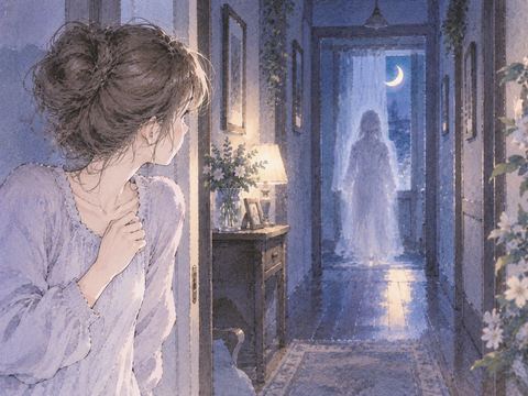 廊下の淡い幽霊を見つめる女性