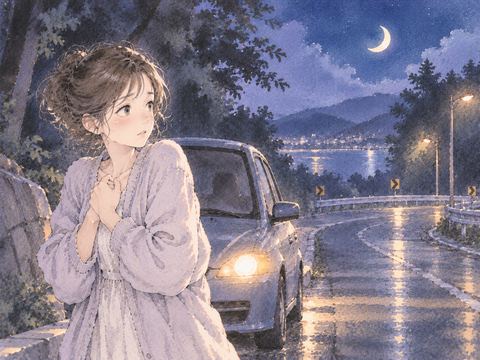 止まった車と道端で立ち尽くす女性
