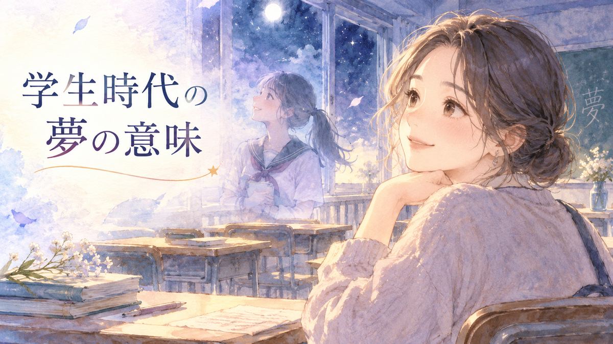 夜の教室を振り返る大人の女性と学生時代の面影