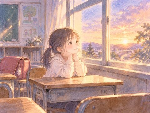 夕暮れの小学校教室で机に座る小学生