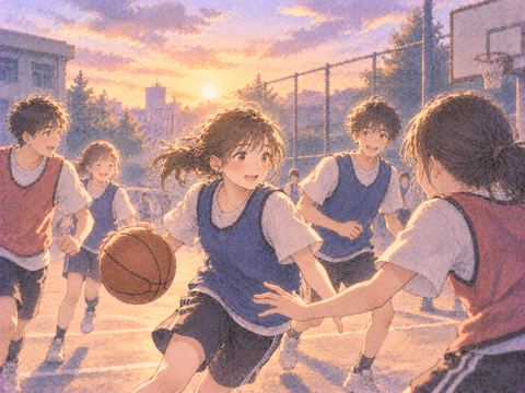 夕暮れの校庭で部活動に励む学生たち
