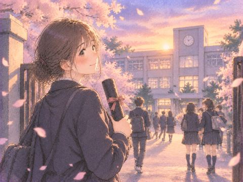 卒業証書を手に校舎を振り返る学生