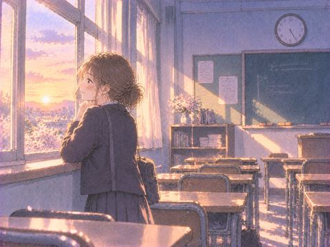 夕暮れの教室を懐かしそうに眺める人物