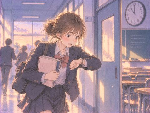 時計を見ながら教室へ急ぐ学生