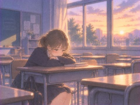 静かな教室で一人うつむく学生
