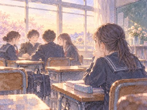 中学校の教室で同級生の輪を見る生徒