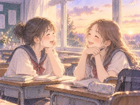 放課後の教室で笑い合う学生時代の友達