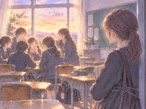 教室に集まる同級生と少し離れて立つ生徒