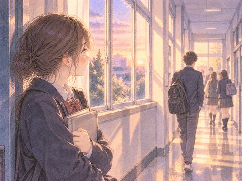 校舎の廊下で好きだった人を見つめる学生