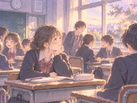 昔の教室で自然に過ごす学生たち