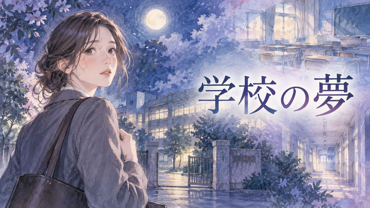 夜の教室を振り返る大人の女性と月明かりの校舎