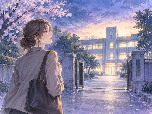 夜明け前の学校へ向かう大人の女性