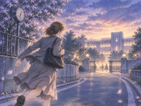 学校へ急ぐ女性と遠くに見える校門