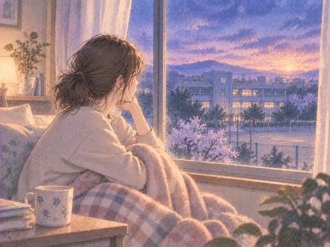 自宅の窓辺で学校を見つめる女性