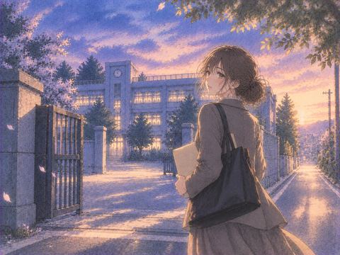 校門を出て静かに振り返る女性