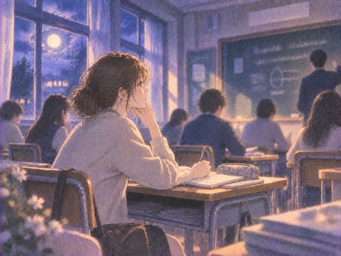 夜の教室で授業を受ける女性