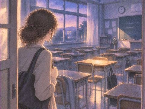 教室で自分の席を探す女性