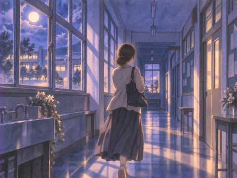 月明かりの夜の学校の廊下