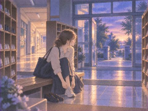 学校の昇降口で靴を履き替える女性