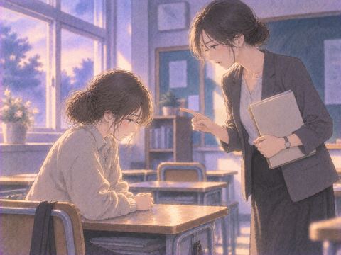 教室で先生に注意される女性