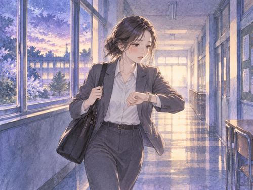 仕事着のまま学校の廊下を歩く社会人の女性