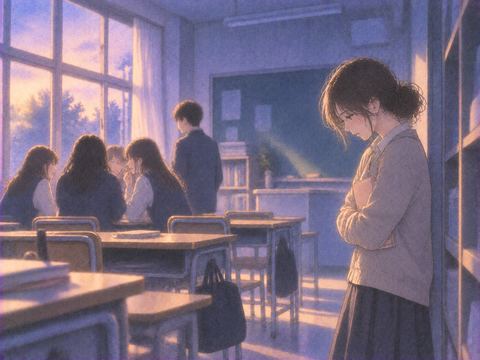 教室でひとり離れて立つ女性と周囲の生徒