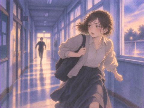 学校の廊下を逃げる女性と遠くの人影