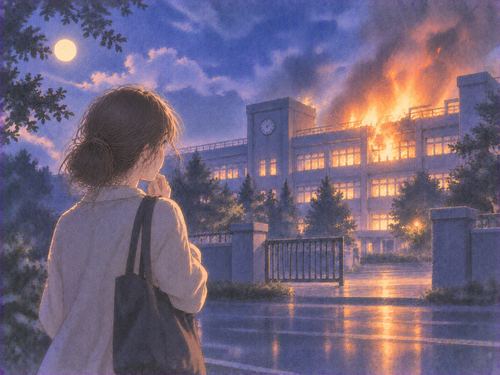 夜の校舎を包む炎を遠くから見つめる女性