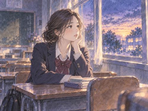 学生時代の姿で教室に座る大人の女性の夢