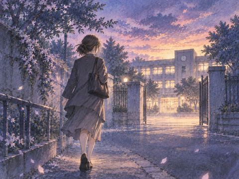 校門へ向かう道を歩く女性
