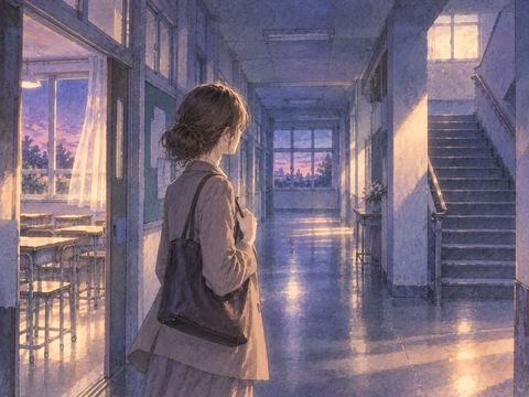 静かな校内で立ち止まる女性