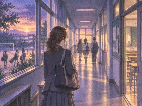 夕方の中学校の廊下と部活動帰りの生徒たち