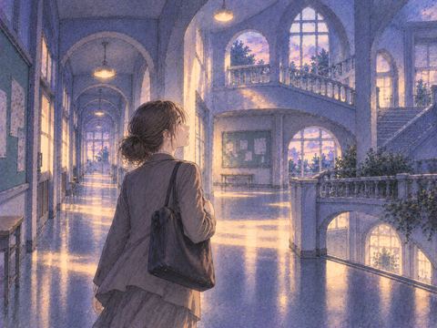 見覚えのない学校の廊下を歩く女性
