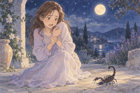 サソリに手を刺され痛みに驚く女性